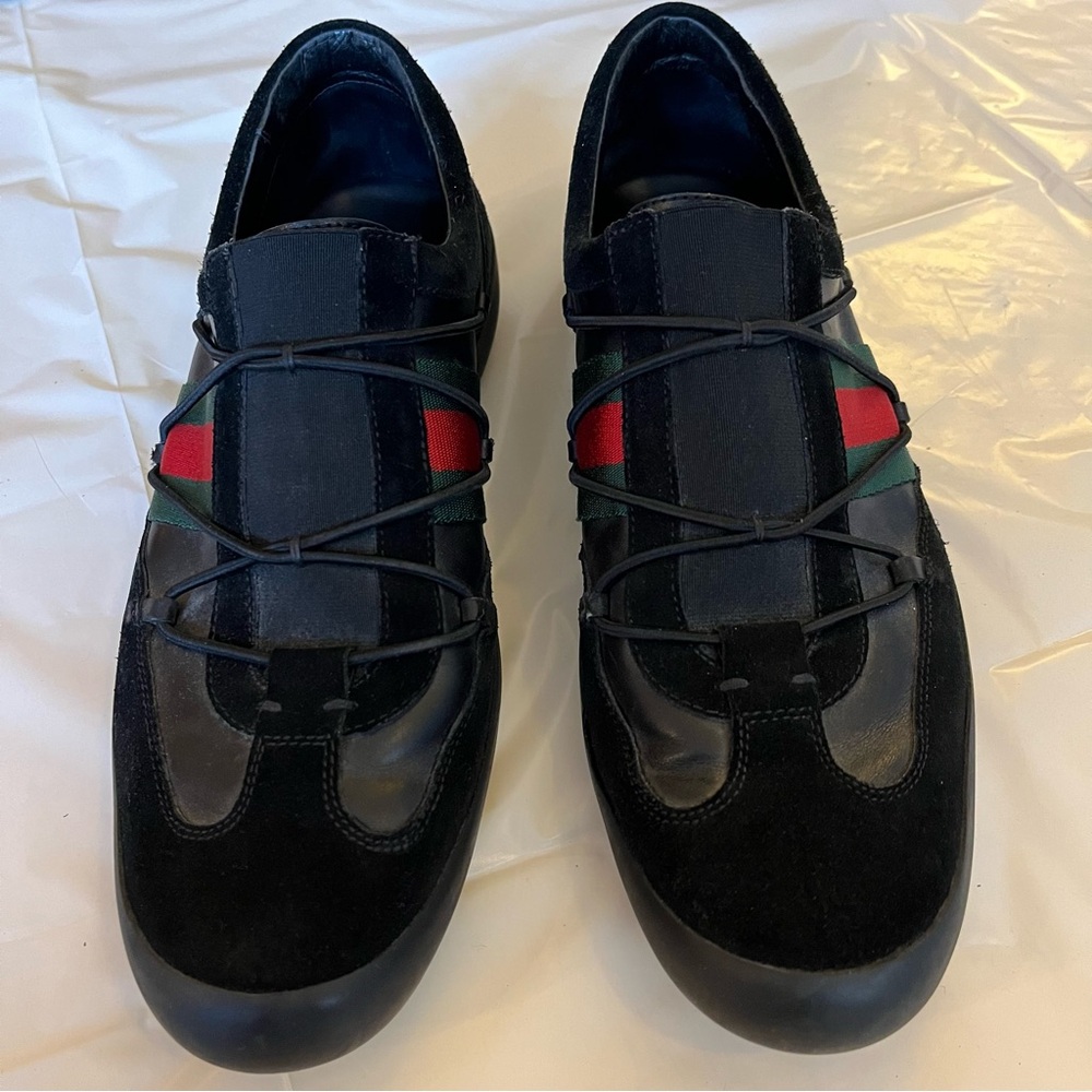 Gucci sneakers: black suede & leather, red/green stripes, elastic gore & laces